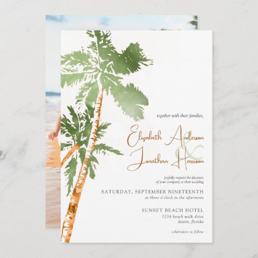 Het Beach Palm Trees Destination Wedding Script Kaart (Voorkant / Achterkant)