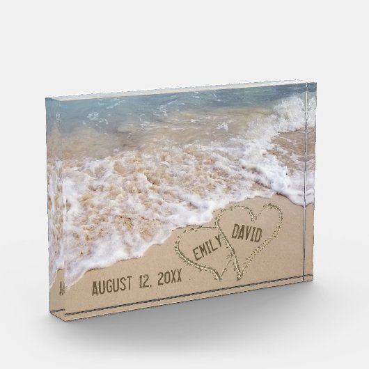 Het Beach van het huwelijk Harten met Namen Fotoblokken (Links)