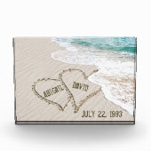Het Beach van het huwelijk Harten met Namen Fotoblokken (Voorkant)