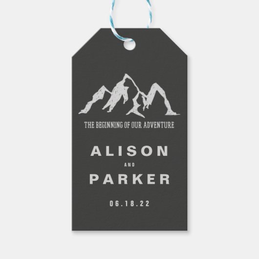 het begin van onze avontuurbruiloft cadeaulabel (Voorkant)