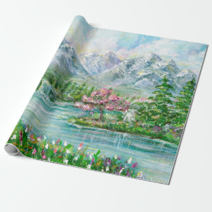 Het berglandschap van de lente. Oorspronkelijke ac Cadeaupapier