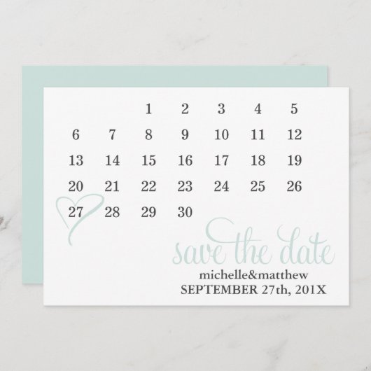 Het Berichten van de Kalender van het Mint Bewaart Save The Date (Voorkant / Achterkant)