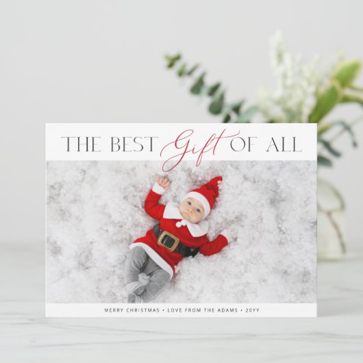 Het beste cadeau van de eerste kerstfoto van de ba feestdagenkaart (Staand voorkant)