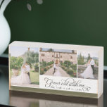 Het beste is nog te komen liefde citaat bruiloft f houten kist print<br><div class="desc">Huwelijksfotoblok met liefdescitaat en onderling verbonden liefdesharten. De fotosjabloon is ingesteld voor u om 3 bruiloft afbeeldingen die zal worden weergegeven in verticale en horizontale formaten toe te voegen. Het citaat luidt "word oud met mij, het vest moet nog komen" in kolkende kalligrafie en elegante typografie. De olijfgroene rand is...</div>