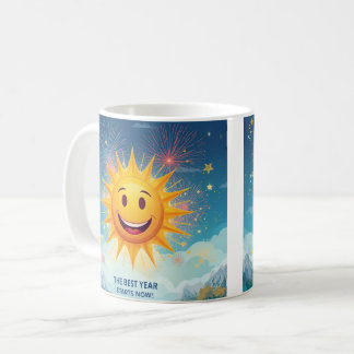 Het Beste Jaar Begint Nu! Lachende Zon & Vuurwerk Koffiemok
