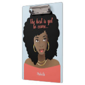 Het beste moet nog komen, zwarte vrouw, blauw klembord (Links)