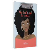 Het beste moet nog komen, zwarte vrouw, blauw klembord (Rechts)