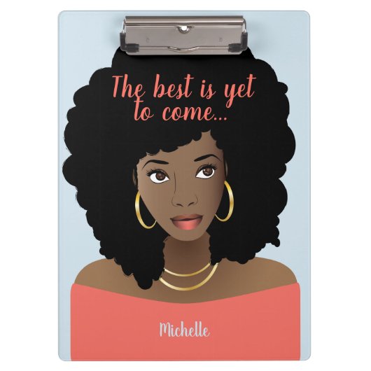 Het beste moet nog komen, zwarte vrouw, blauw klembord (Voorkant)