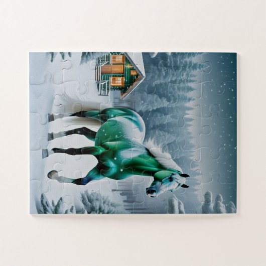 Het betoverde groene paard legpuzzel (Horizontaal)