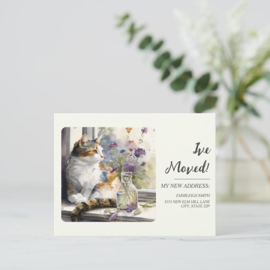 Het bewegen van Aankondiging Calico Cat Venster Briefkaart (Staand voorkant)