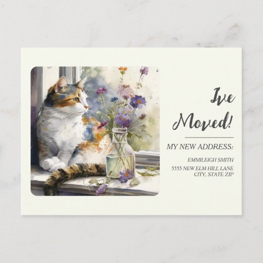 Het bewegen van Aankondiging Calico Cat Venster Briefkaart (Voorkant)
