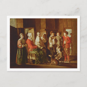 Het bezoek aan de oma (olie op doek) briefkaart