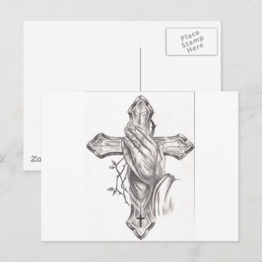 Het bidden Handen & Kruis Briefkaart (Voorkant / Achterkant)