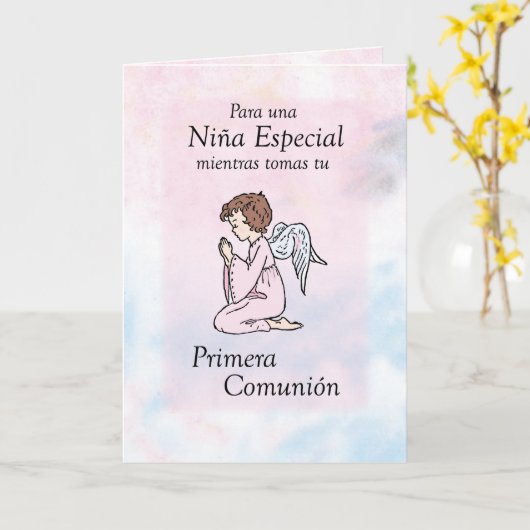 Het Bidden van het meisje de Eerste Spaanse Engel Kaart (Gele Bloem)