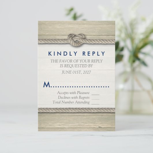Het binden van de kei Rustic Beach bruiloft RSVP Kaartje (Staand voorkant)