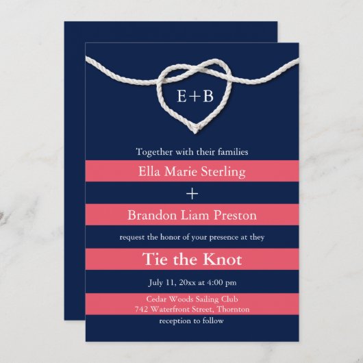 Het binden van de knoop Koraal & Navy bruiloft uit Kaart (Voorkant / Achterkant)