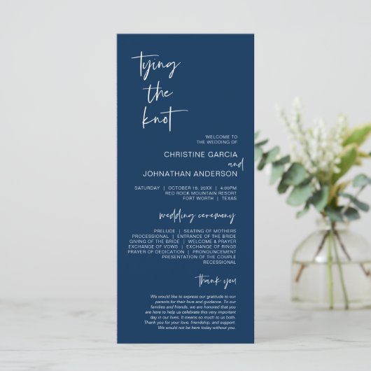 Het binden van de knoop, Modern Navy Blue Wedding Programmakaart (Staand voorkant)