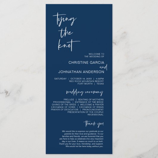 Het binden van de knoop, Modern Navy Blue Wedding  Programmakaart (Voorkant)