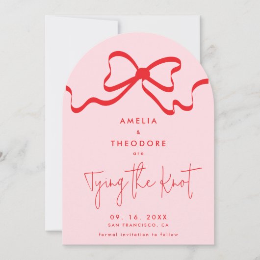 Het binden van de Knoop Red Bow Foto Save the Date Kaart (Voorkant)