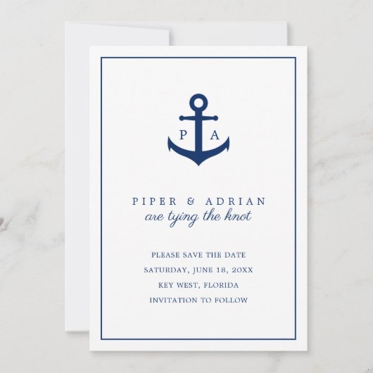 Het binden van de Knot Monogram Navy Blue Anchor N Save The Date (Voorkant)