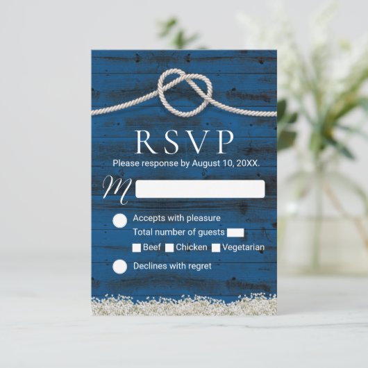 Het binden van de Knot Navy Wood Rustic Wedding RS RSVP Kaartje (Staand voorkant)