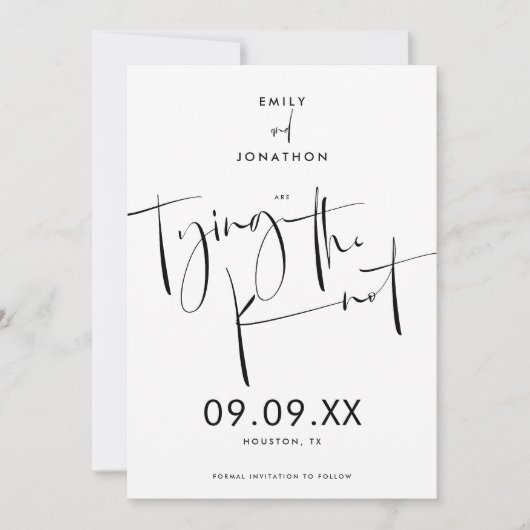 Het binden van Knot Elegant Manuscript Zwart Wit Save The Date (Voorkant)