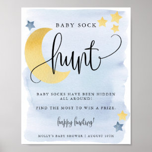 Het blauwe Baby shower Sock Hunt Game over de maan Poster