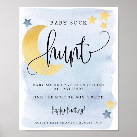 Het blauwe Baby shower Sock Hunt Game over de maan Poster (Voorkant)