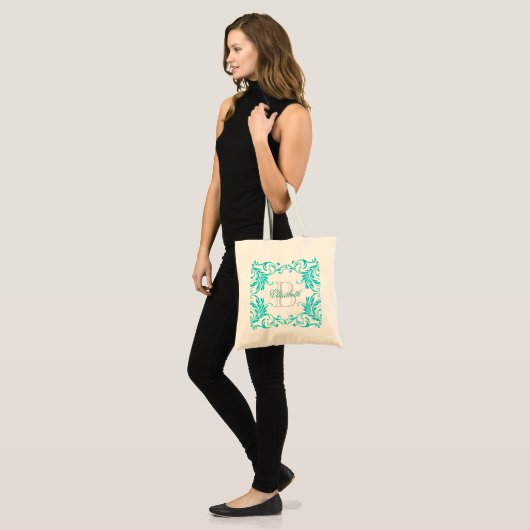 Het Blauwe Damast van Aqua van het monogram Tote Bag (Voorkant (model))