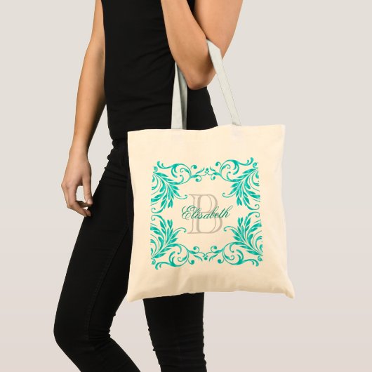 Het Blauwe Damast van Aqua van het monogram Tote Bag (Voorkant (product))