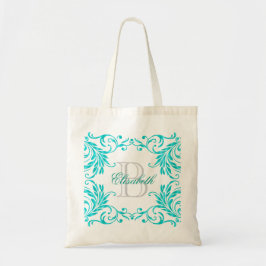 Het Blauwe Damast van Aqua van het monogram Tote Bag