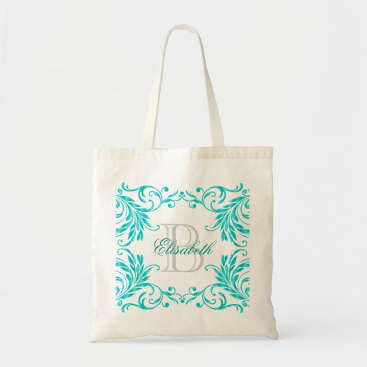Het Blauwe Damast van Aqua van het monogram Tote Bag (Voorkant)