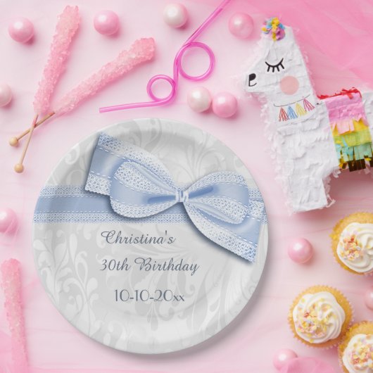 het Blauwe Damast van de 30ste Verjaardag en Boog Papieren Bordje (Feest)