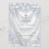 Het Blauwe Doopsel die van het baby Wit Satijn Kaart (Voorkant / Achterkant)