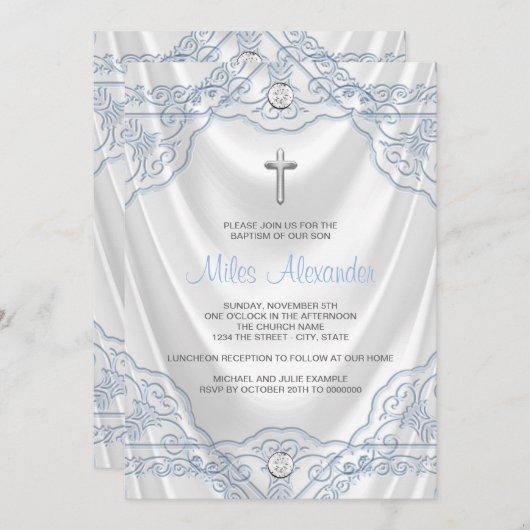 Het Blauwe Doopsel die van het baby Wit Satijn Kaart (Voorkant / Achterkant)