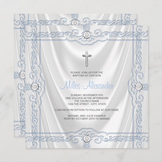 Het Blauwe Doopsel die van het baby Wit Satijn Kaart (Voorkant / Achterkant)