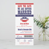 Het blauwe en Rode Football Ticket Weddenschap spa Save The Date (Staand voorkant)