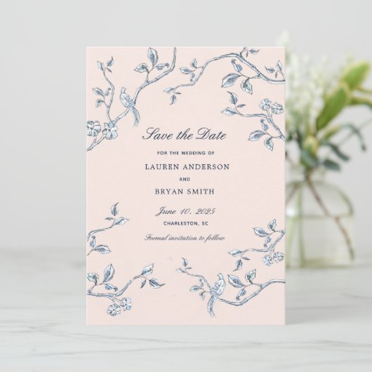 Het Blauwe en witte Franse Toile sparen de datum Kaart (Staand voorkant)