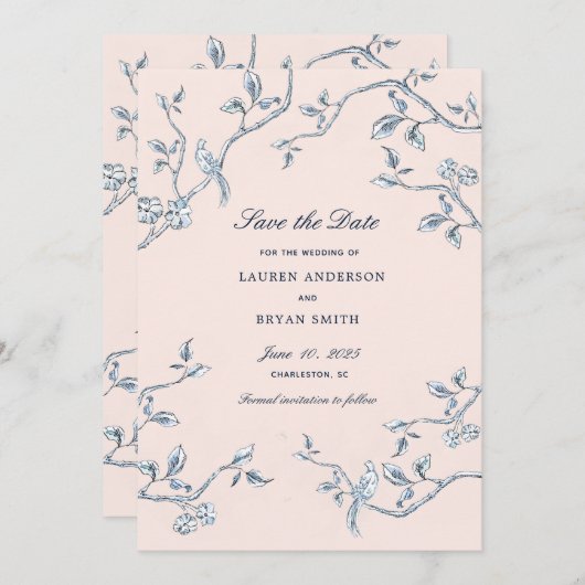 Het Blauwe en witte Franse Toile sparen de datum Kaart (Voorkant / Achterkant)