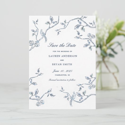 Het Blauwe en witte Franse Toile sparen de datum Kaart (Staand voorkant)