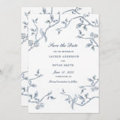 Het Blauwe en witte Franse Toile sparen de datum Kaart (Voorkant / Achterkant)