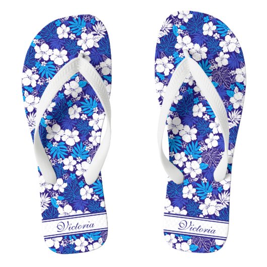 Het blauwe en Witte Patroon van Flora voegt Naam G Teenslippers (Voetbed)