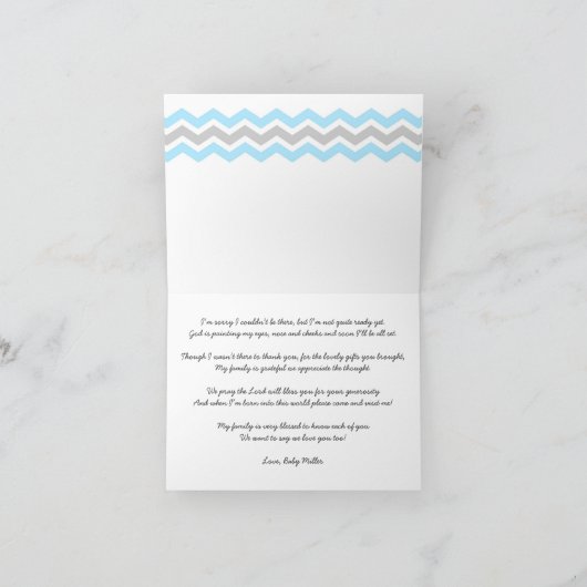 Het blauwe Grijze Baby shower van de Chevron dankt Bedankkaart (Binnen)