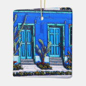 Het blauwe keramische sierhuis van de Tucson Barri Keramisch Ornament (Links)