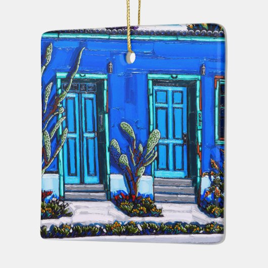 Het blauwe keramische sierhuis van de Tucson Barri Keramisch Ornament (Links)