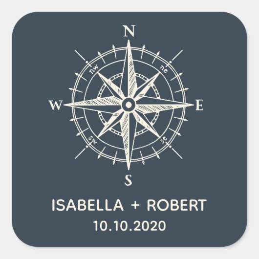 Het blauwe kompas | Bruiloft Monogram Vierkante Sticker (Voorkant)