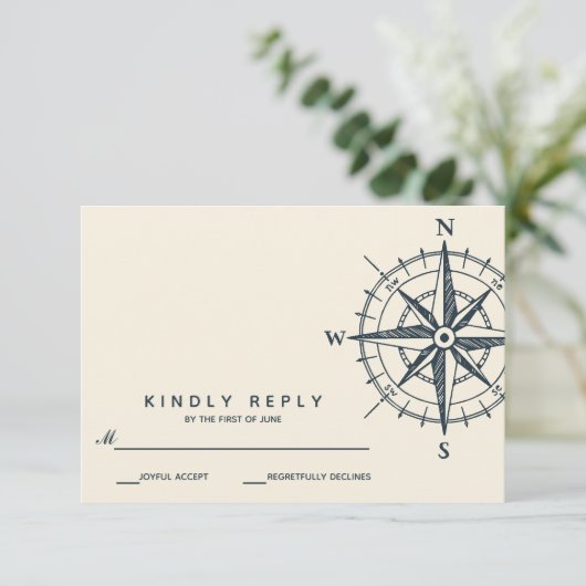 Het blauwe kompas | Bruiloft RSVP (Staand voorkant)