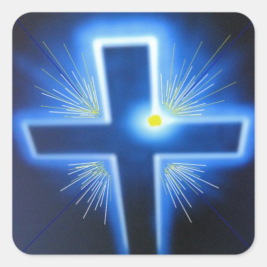 Het blauwe kruis met achtergrondverlichting. vierkante sticker (Voorkant)