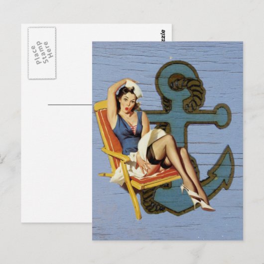 het blauwe kustschip en ankermeisje van de briefkaart (Voorkant / Achterkant)
