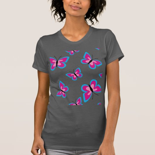 Het blauwe rand roze vlinderpatroon t-shirt (Voorkant)